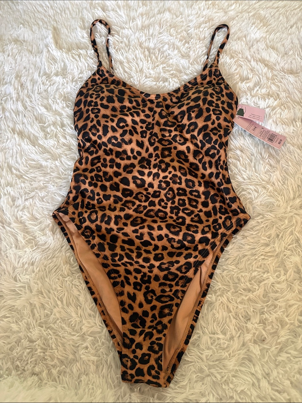 NWT Wild Fable Leopard Print Ribbed One Piece Swimsuit Tie Cut Out Back Size S